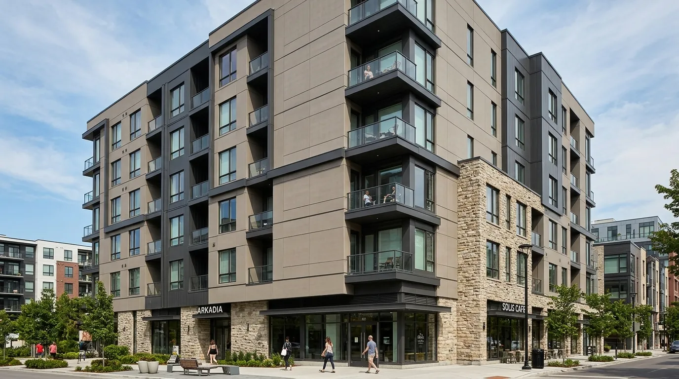 Contemporary building exterior facade combining fiber cement cladding, dark metal wall panels, and natural stone veneer accents
