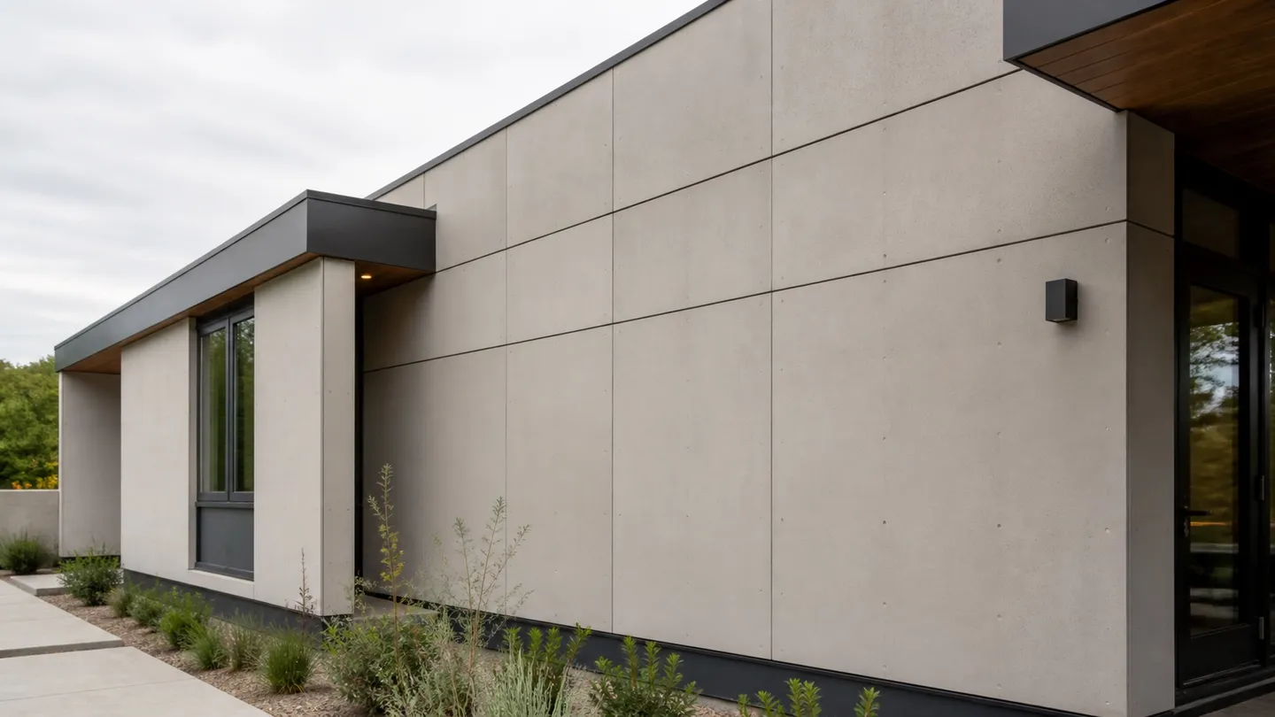 Contemporary exterior clad in large warm-gray fiber-cement panels with narrow open joints