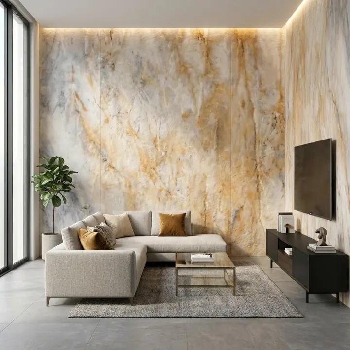 Living room with a warm-veined flexible-stone feature wall